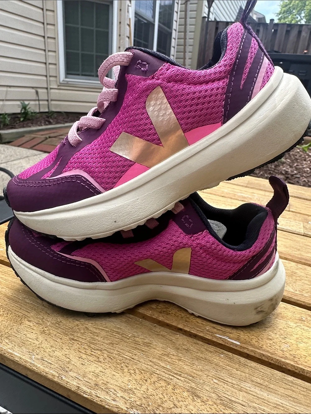 Veja Kids Pink and Purple Sneakers with Cream V Logo Girls 11